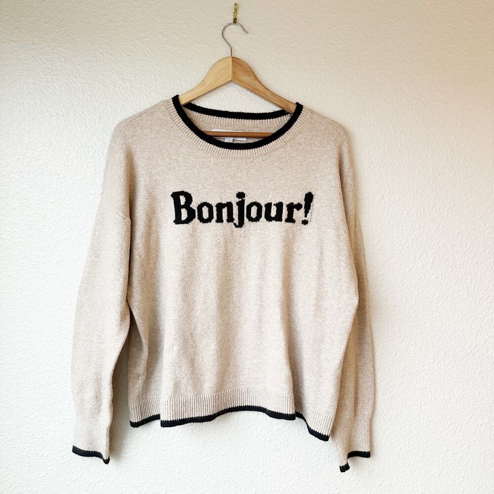 LOFT Bonjour Graphic Crewneck Sweater Beige Black Contrast Trim Size L